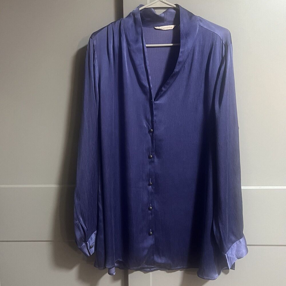 Soft Surroundings Roxanna Cupro Crinkle L/S Satin Button-Up Shirt Purple XL